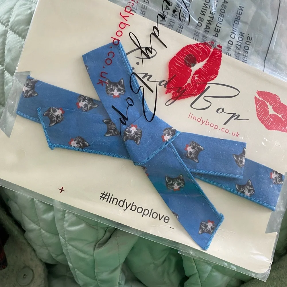 NWT Lindy Bop Blue Cat Print Hair Scarf - Picture 1 of 2